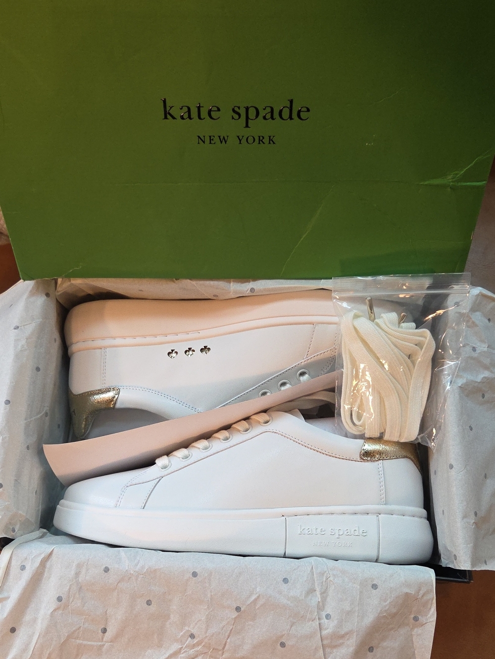 kate spade White Leather Sneakers with Gold Heel Detail